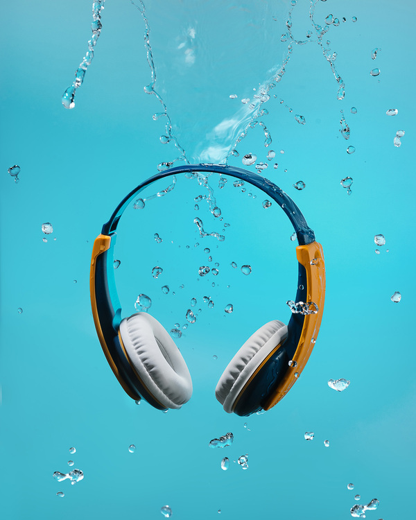 Headphones JVC. Headphones JVC in the water surrounded by bubbles!