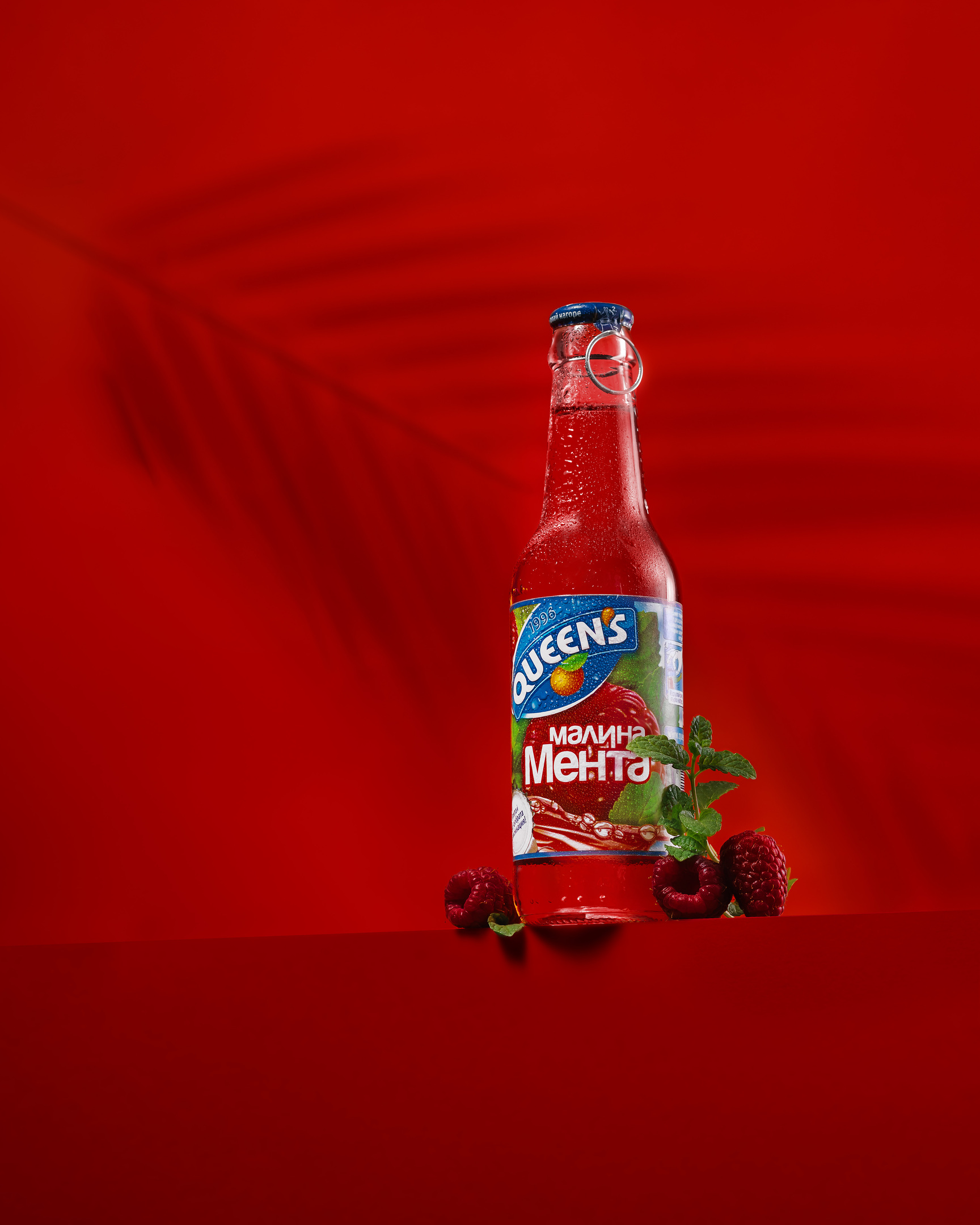 Queen's - Raspberry and Mint. A bottle is on an edge of something. The background is red like a raspberry. There is a mint and a couple of juicy raspberries around the bottle.