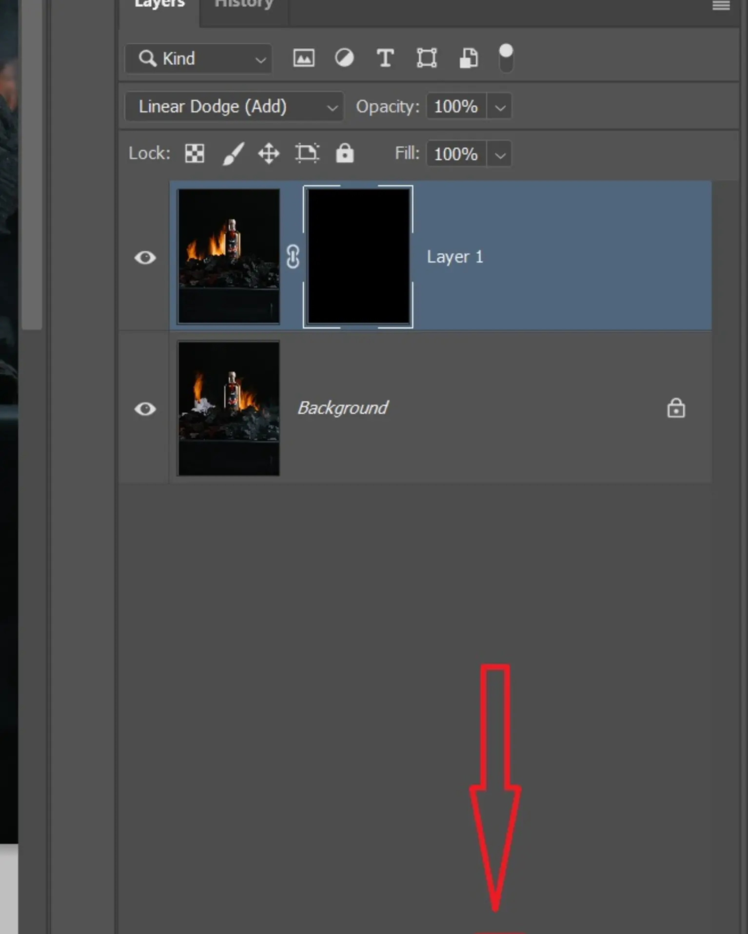 Photoshop - Mask. The image contains Photoshop layers and an arrow that draws attention to the add layer mask button.