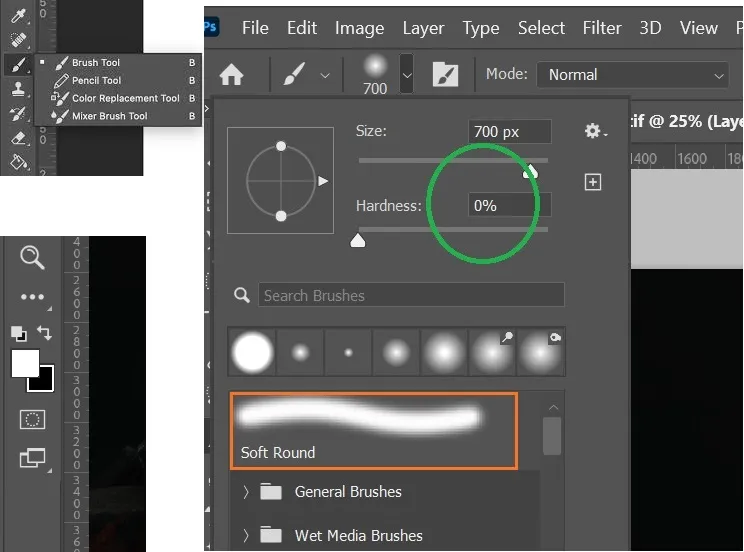 Photoshop - Brush Tool. Select a brush on the toolbar: Hardness - 0%, Color - White.