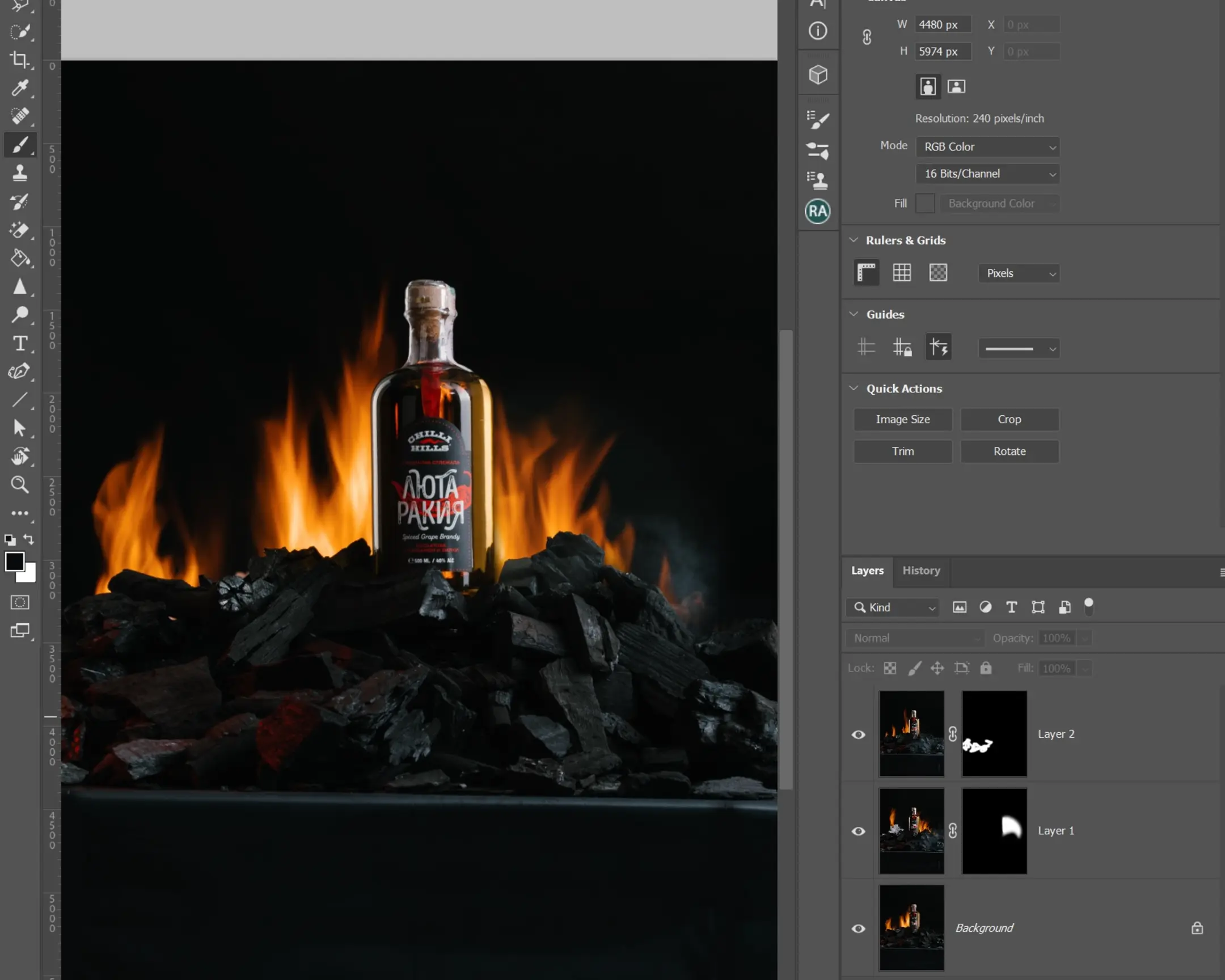 Photoshop - All Layer Masks Demonstration. The photo shows layers in Photoshop. On two of the layers, there is a mask, which is partially painted in white for the manifestation of fire. To attract the attention of the viewer - the masks showed.