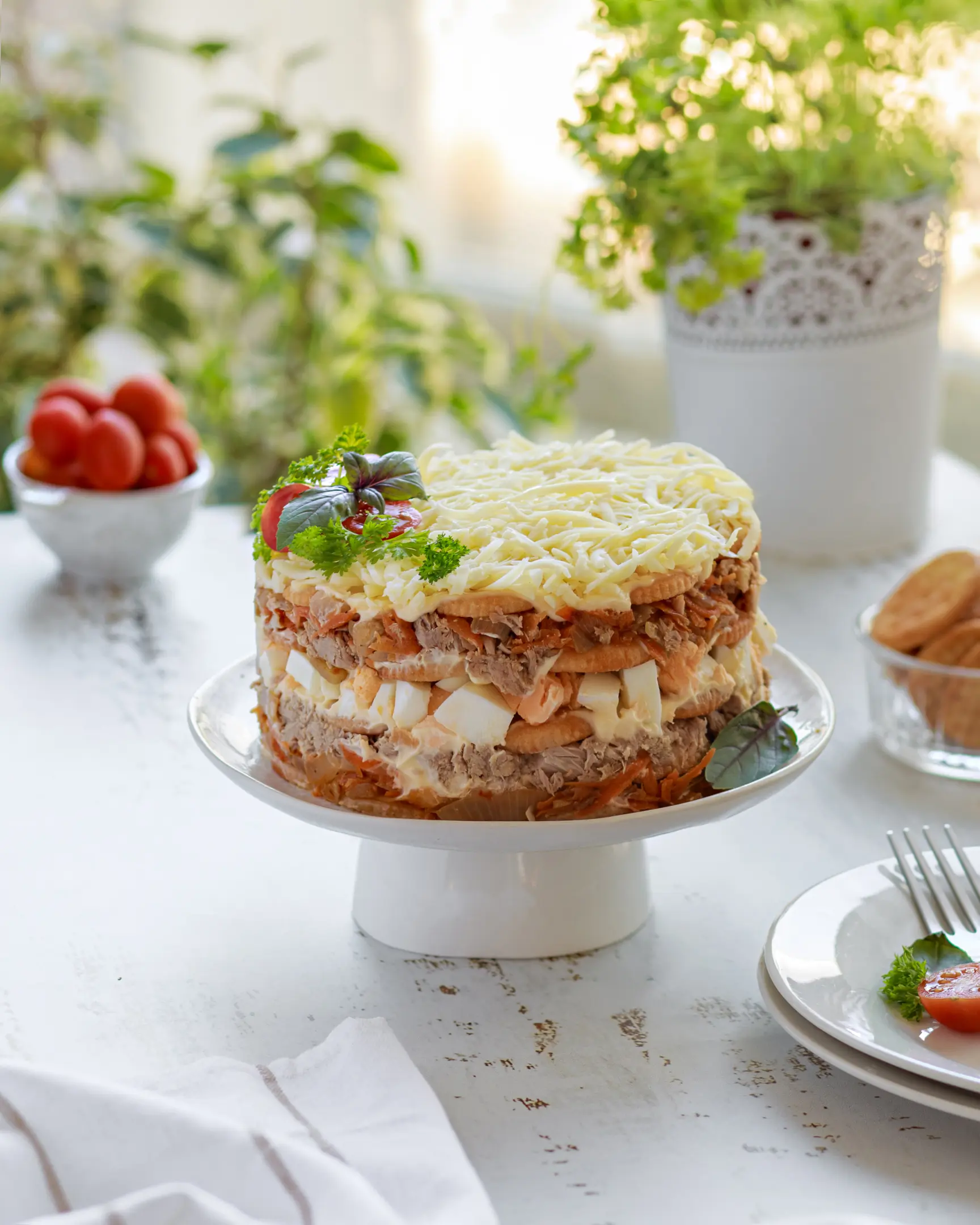 Snack cake with layers made from tuna Snack cake with layers made from tuna