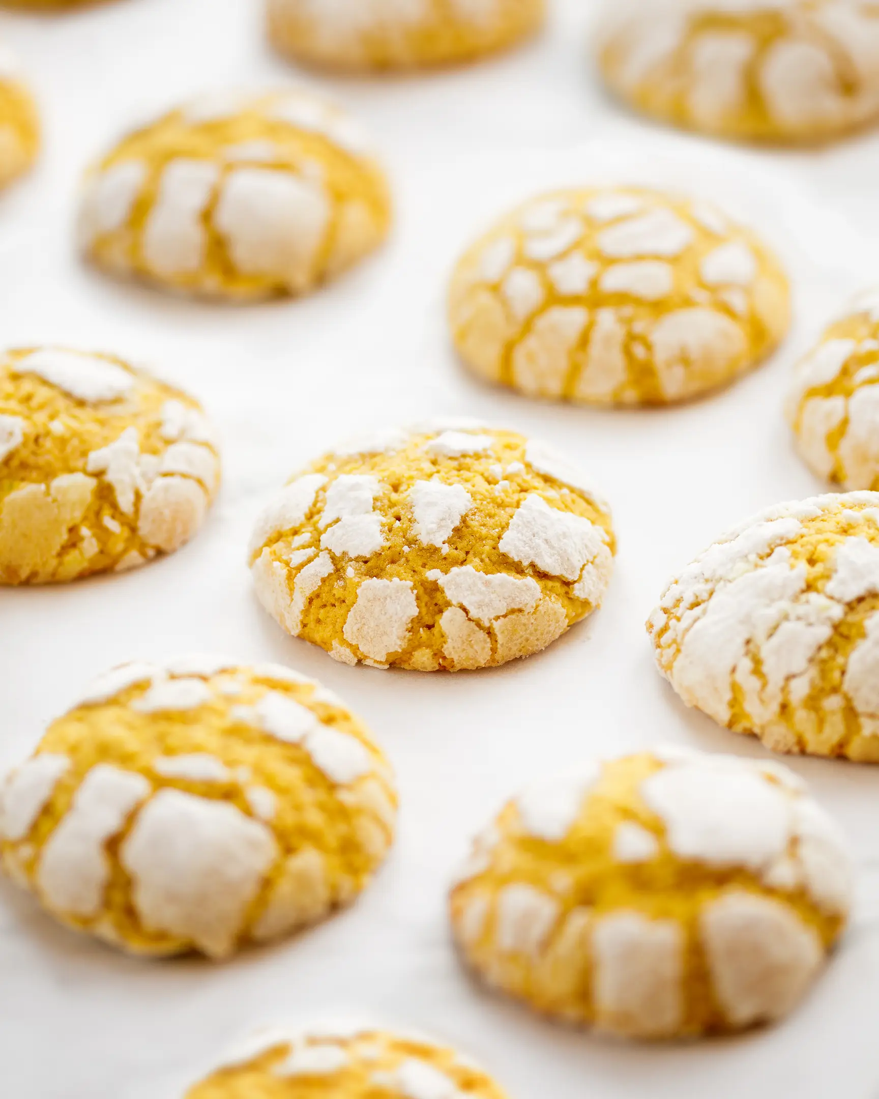 Bright yellow cracked cookies. Bright yellow cookies sprinkled with powdered sugar lie on baking paper in rows.