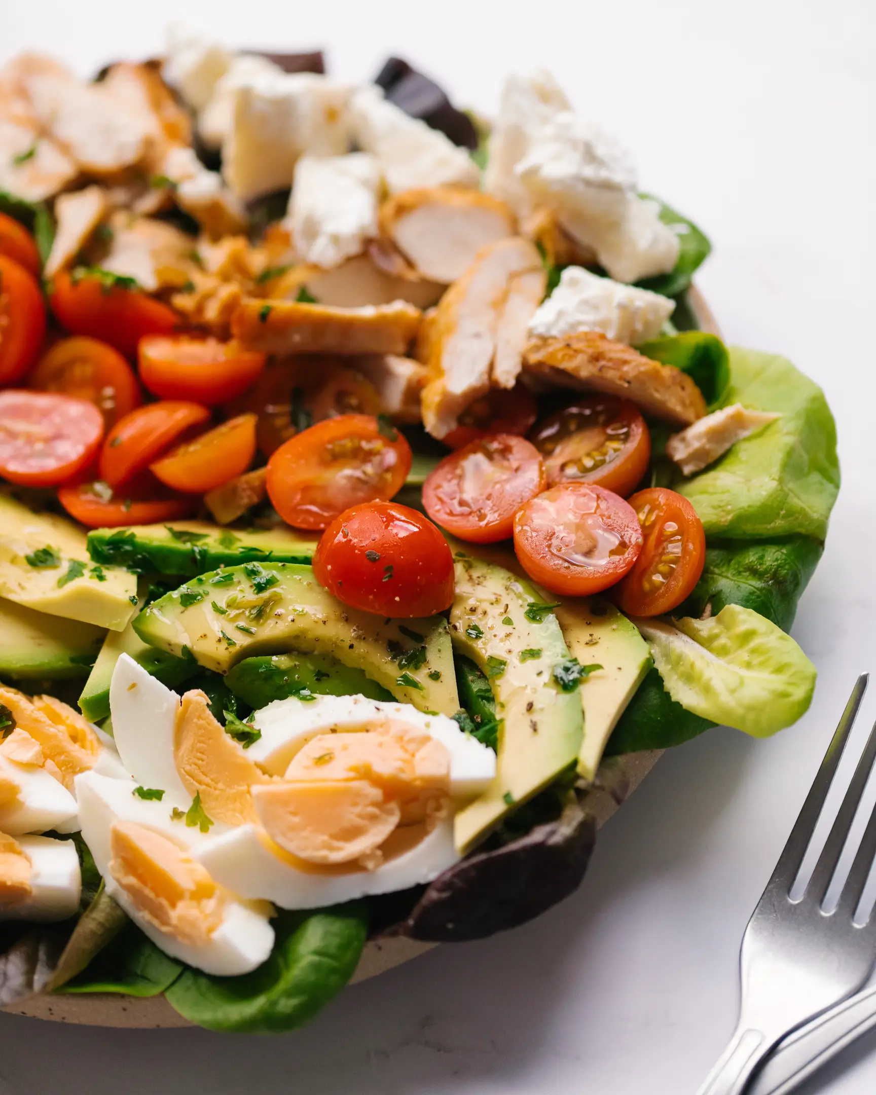 Cobb salad ingredients shown close up Cobb salad, author's recipe, salad recipe, tomatoes, greens, egg, salad,  dressing, sauce, tasty, easy, salad