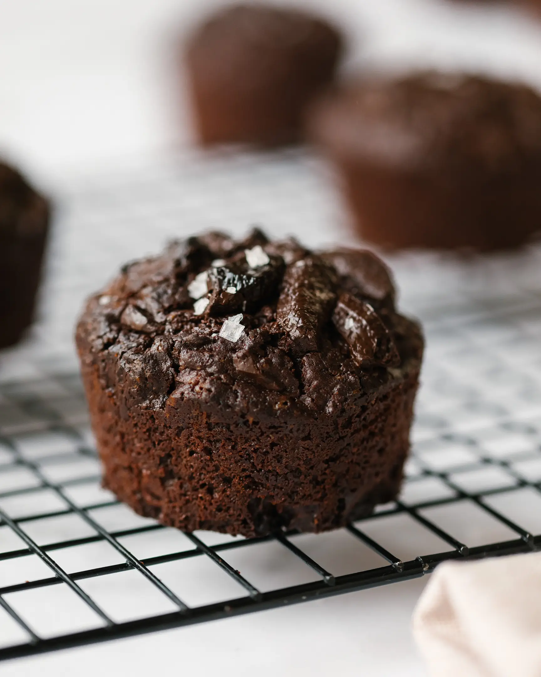 There are chocolate cupcakes on the baking rack. There are chocolate cupcakes on the baking rack. They show pieces of chocolate and crystals of salt with which they are decorated.