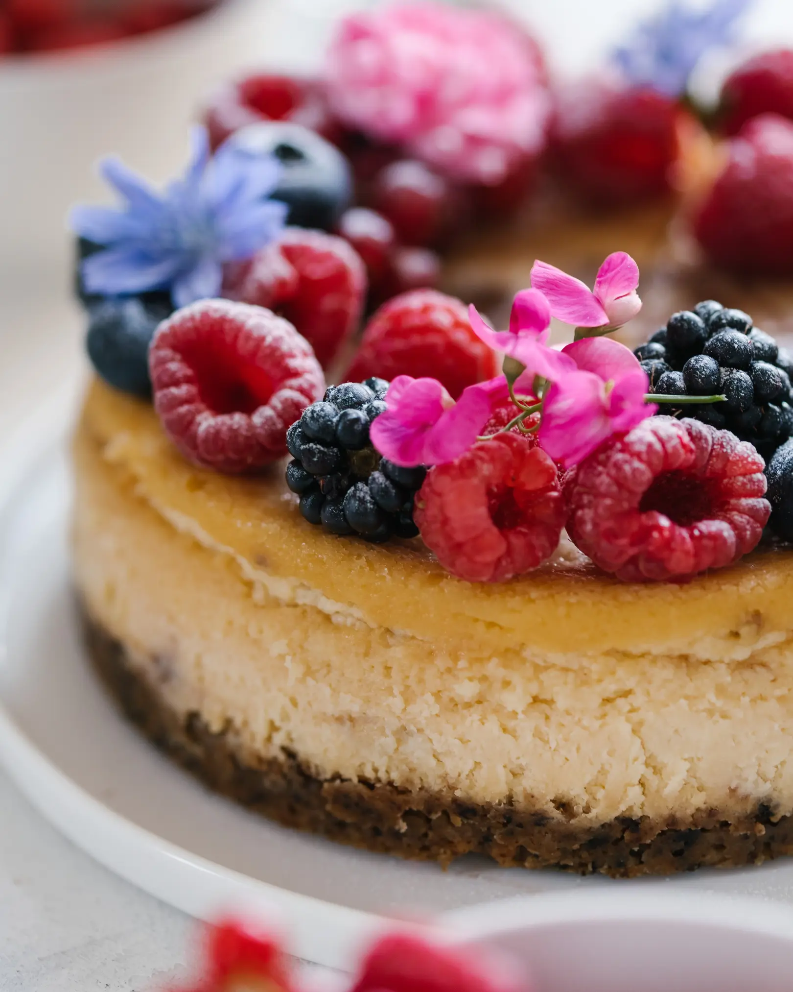 Сhocolate cheesecake Сhocolate cheesecake decorated with berries and flowers.