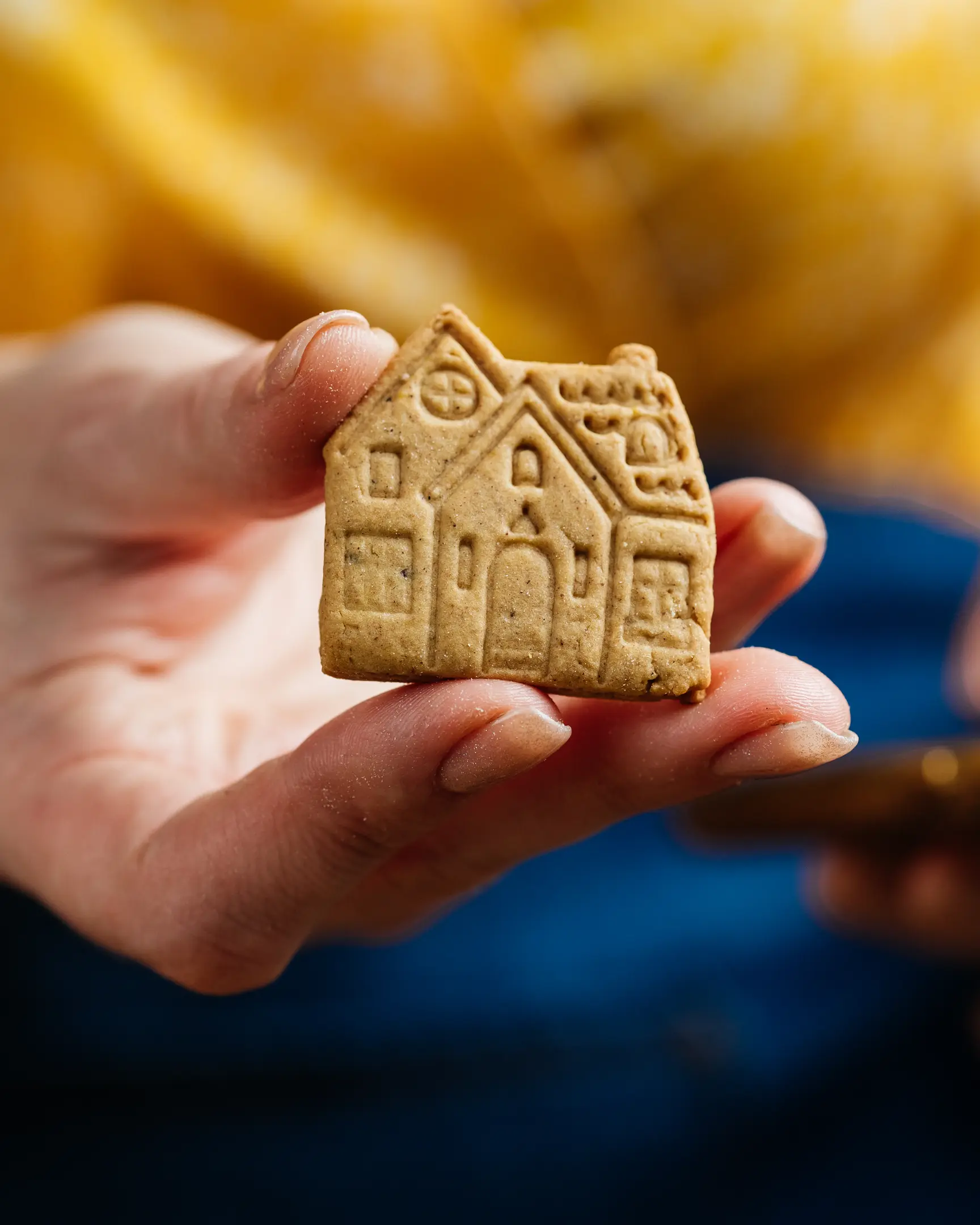 a close-up of a hand gently holding a beautifully detailed cookie in the shape of Amsterdam]s a house. The photo shows a close-up of a hand gently holding a beautifully detailed cookie in the shape of a house. The cookie features intricate imprints resembling windows, a door, and a roof, giving it the look of a charming, miniature home. The background is softly blurred, with warm yellow and blue tones, enhancing the cozy and inviting atmosphere. The cookie appears crisp and golden, suggesting it is freshly baked.