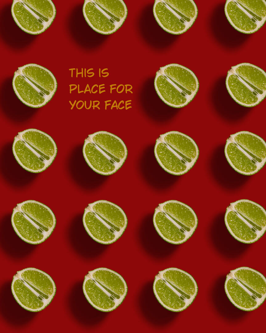 Comic frame in pattern style. Comic frame in pattern style. Limes arranged in strict lines are on a bright red background. Only one place lacks lime. The place of the lime is occupied by the inscription - "This is the place for your face", which means that the person has a "sour" expression on his face. 