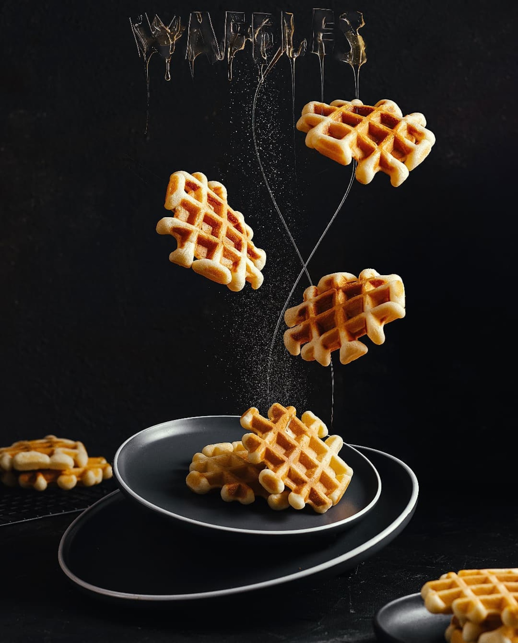 Waffles And Honey. Plates stand on a dark background. They are tilted. On the top plate are some Viennese waffles. Honey pours thin strips on dashing. This honey flows from the inscription WAFFLE, which is also composed of honey. More waffles fly through the air. In the foreground and background of the photo, waffles just as simply lie. Powdered sugar is sprinkled in the center of the picture.