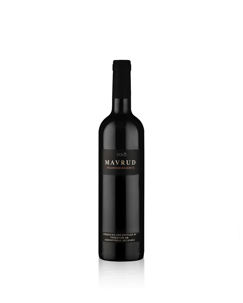 A bottle of 2018 Mavrud Premium Reserve wine on a light background with soft highlights in the shape of the bottle A bottle of 2018 Mavrud Premium Reserve wine on a light background with soft highlights in the shape of the bottle. Reflection is located at the bottom of the bottle.