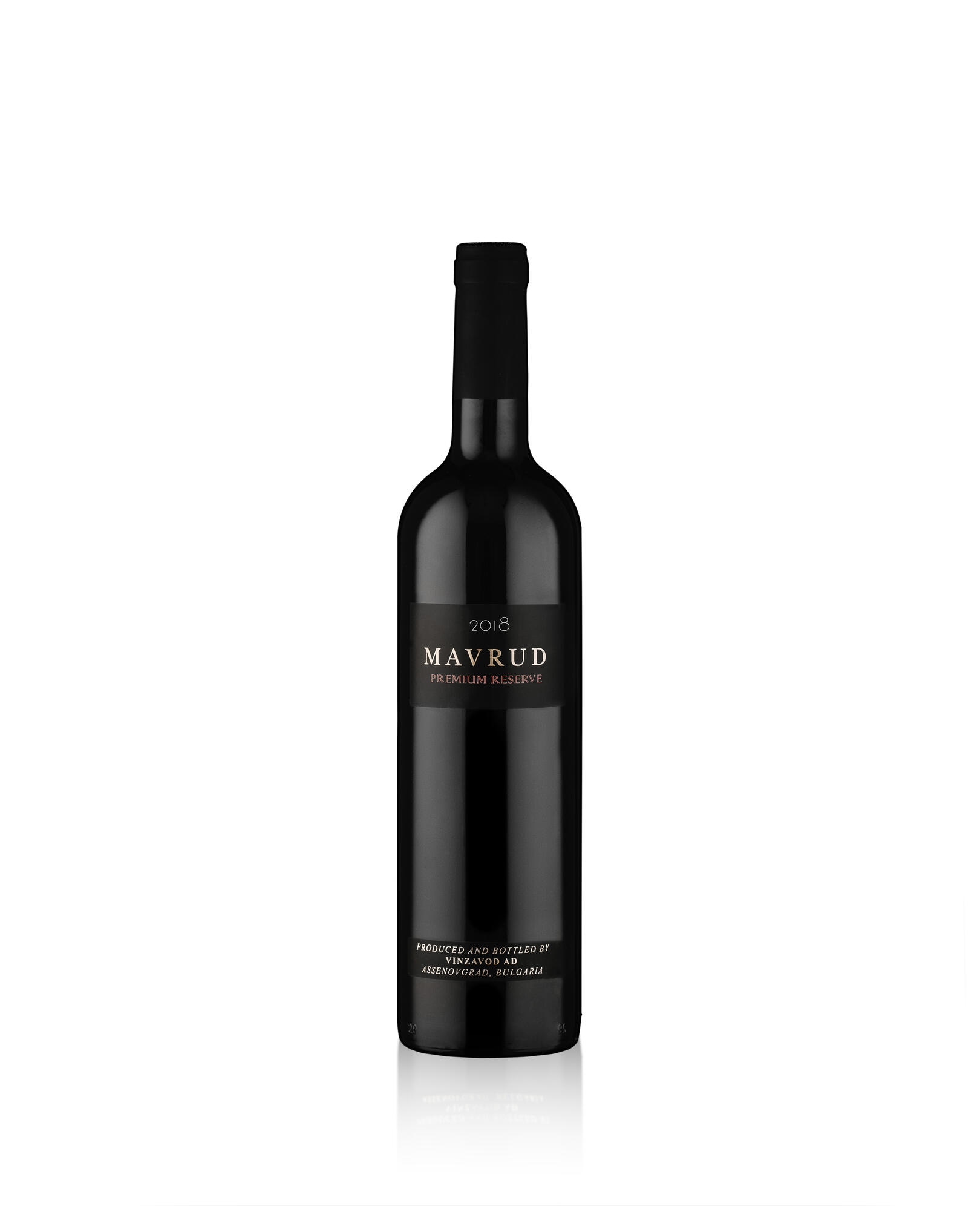 A bottle of 2018 Mavrud Premium Reserve wine on a light background with soft highlights in the shape of the bottle A bottle of 2018 Mavrud Premium Reserve wine on a light background with soft highlights in the shape of the bottle. Reflection is located at the bottom of the bottle.